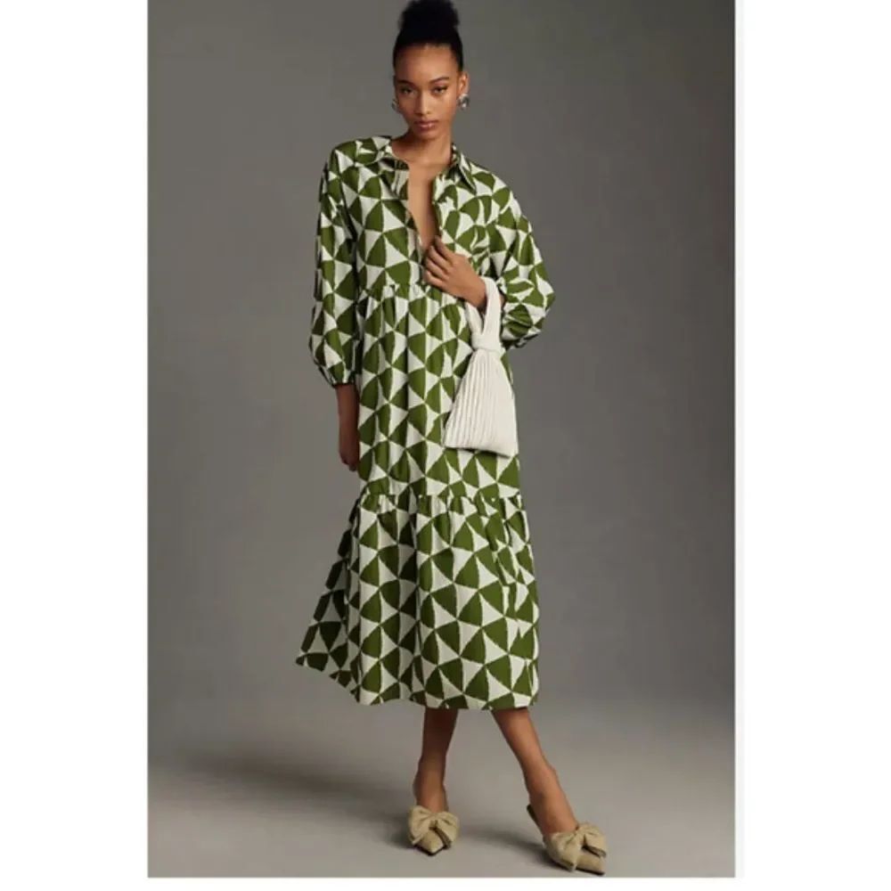 Anthropologie Maeve The Bettina Tiered Shirt Dress Green